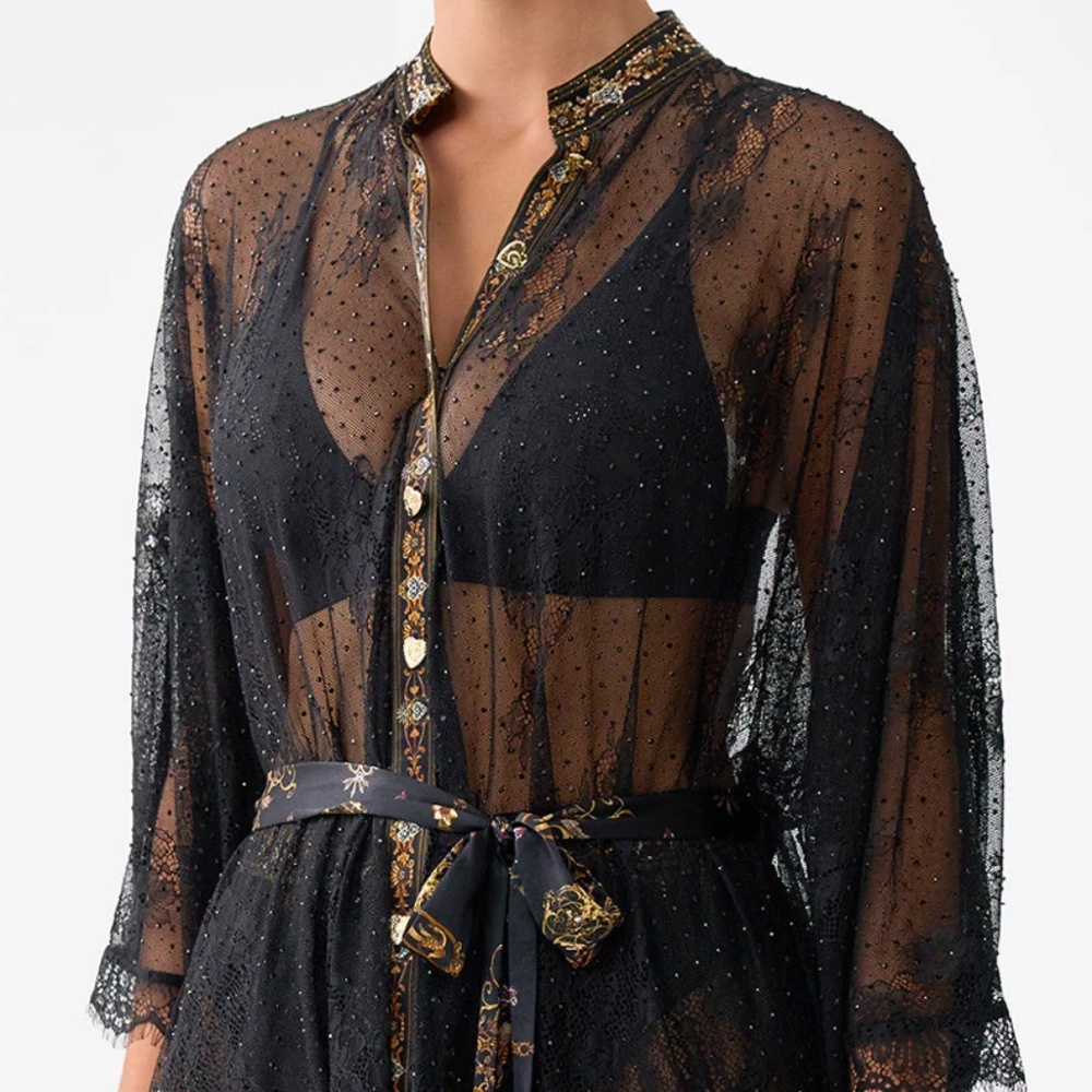 Camilla XS/S Button Through Lace Scarf Black Blouse - Picture 3 of 5